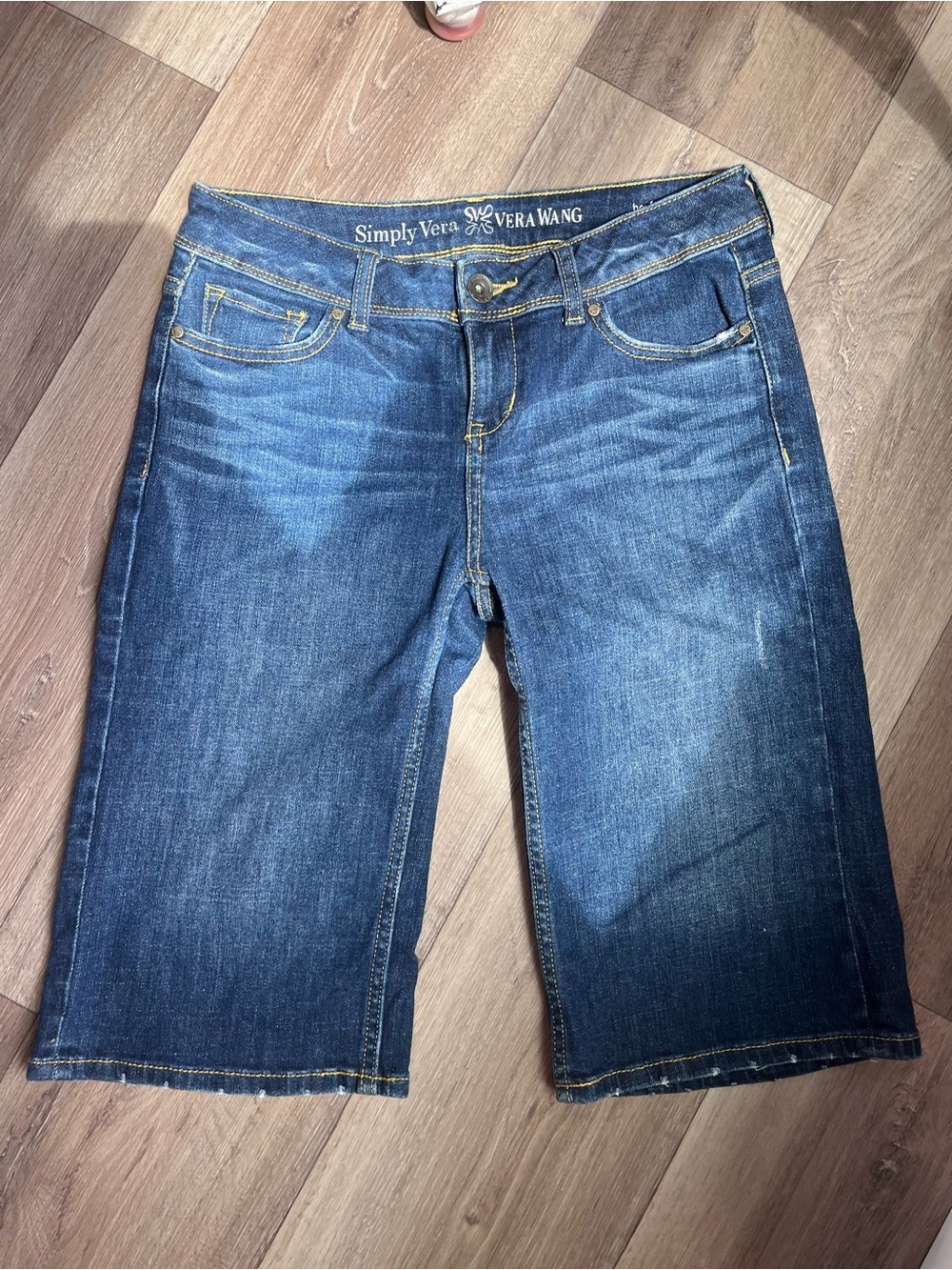 Vera Wang Dark Blue Denim Shorts with Yellow Topstitching